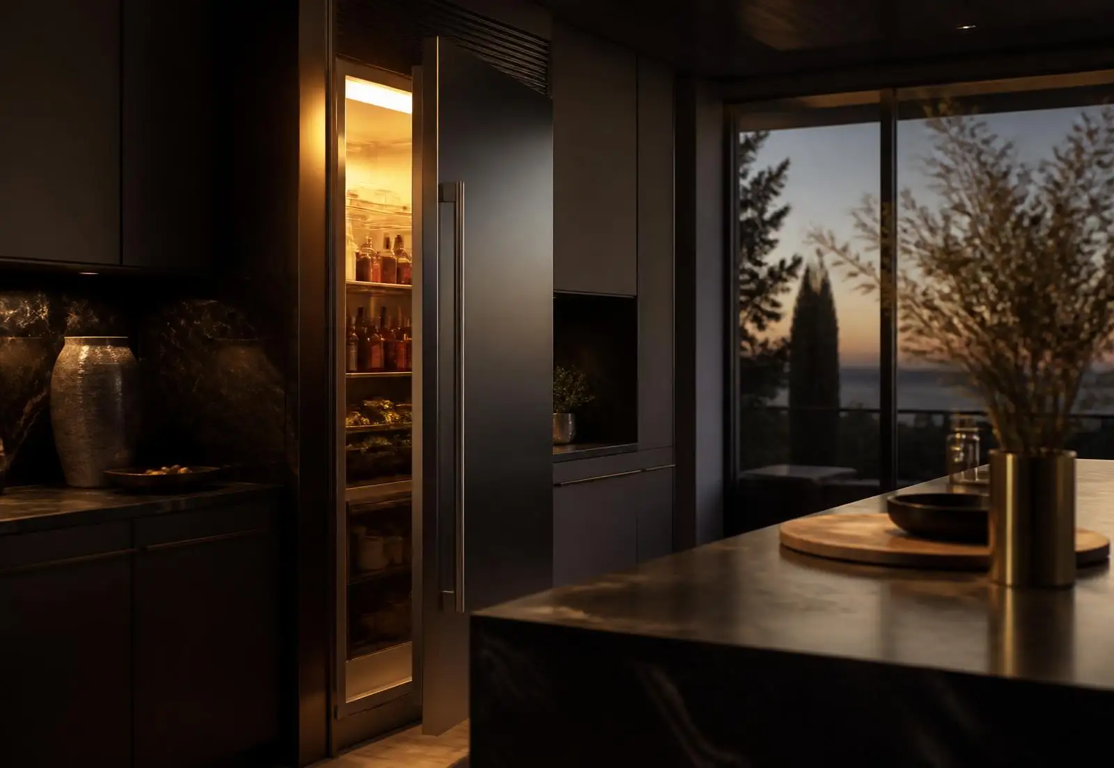 Integrated refrigerator in a dark luxury Pretoria kitchen at dusk